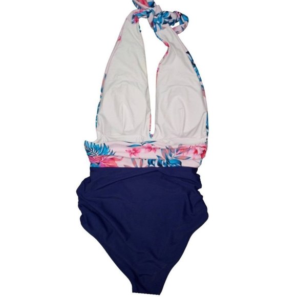 CUPSHE Navy Floral Deep V-neck Halter One-Piece Swimsuit Sexy Backless L… - Picture 4 of 9